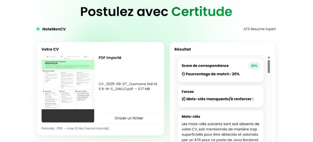 Aperçu de l’interface NoteMonCV